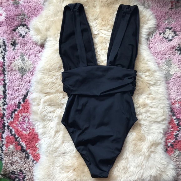 ASOS Gathered Waist Band Plunge V Neck Swimsuit - Picture 8 of 8